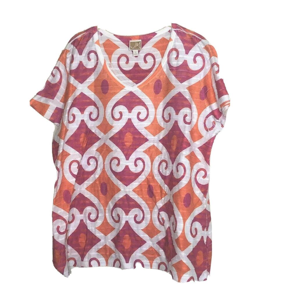 JM Collection Womens Tee Shirt XL White Pink Coral Print Short Sleeve